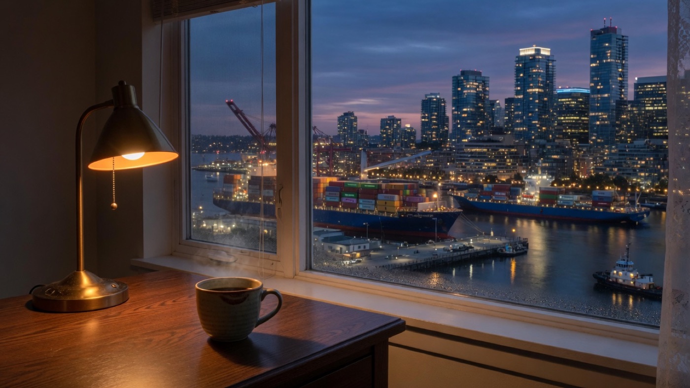 A dusk desk looking over a harbor and a lit downtown skyline, an original illustration for the Vanguard FTSE All-World ETF, which owns large companies in the United States and the rest of the world