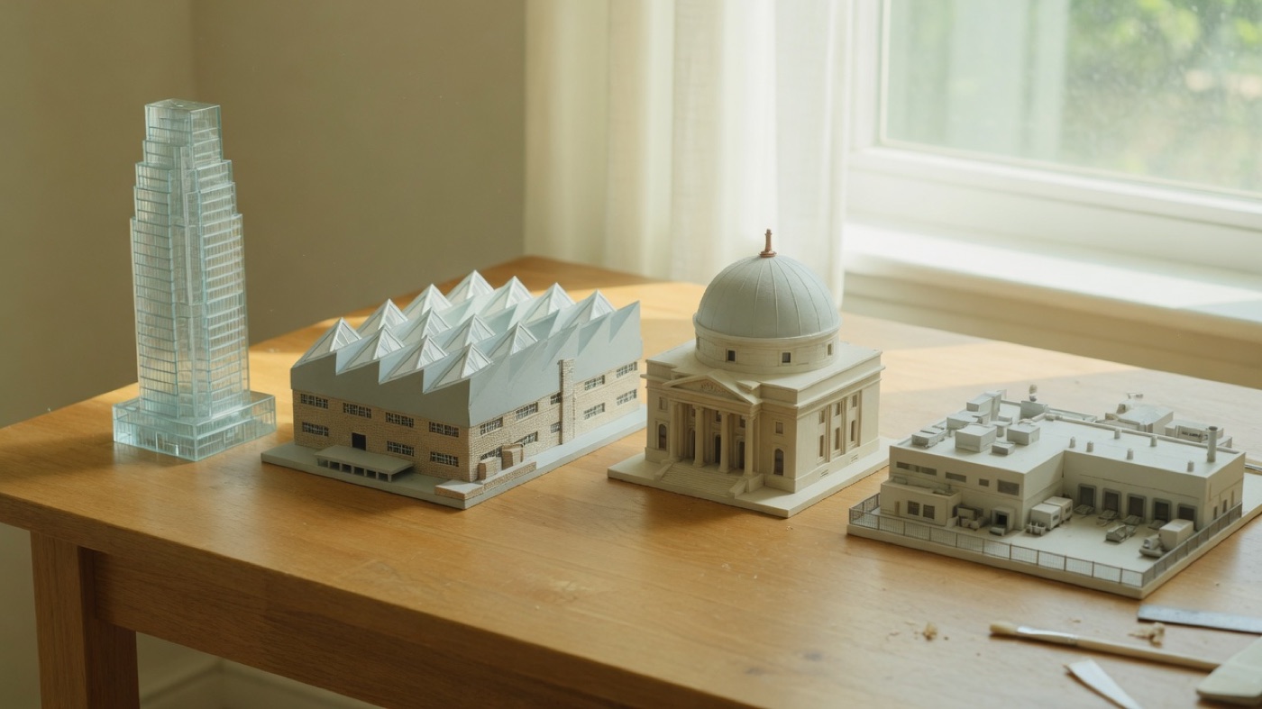 Architectural models of a glass tower, a factory, a domed bank, and a plant lined up on an oak table, an original illustration of the many businesses inside one global index fund