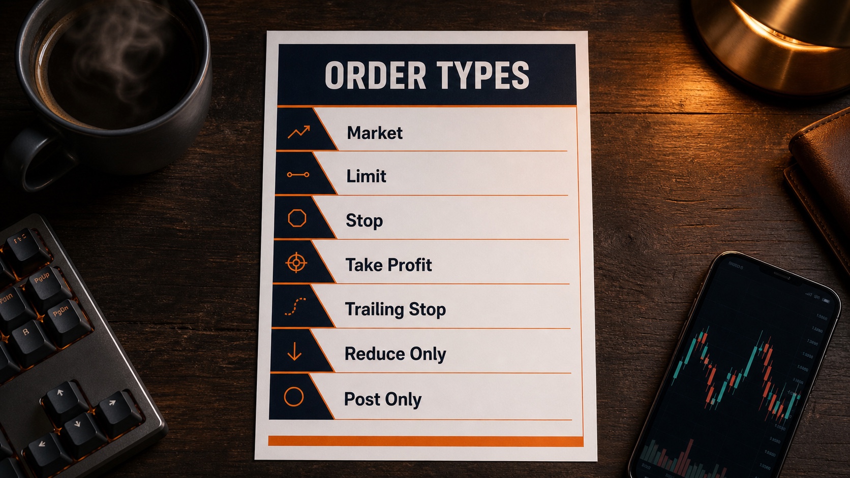 Printed crypto order types cheat sheet on a trader's desk listing market, limit, stop, take profit, trailing stop, reduce only, post only - ThriveInMarkets free trading reference