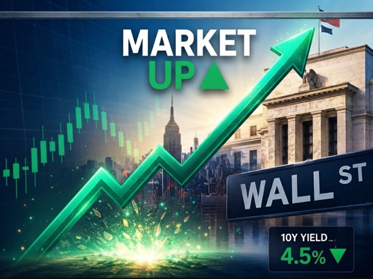 A stylized financial graphic showing a rising green market arrow over a Wall Street and Federal Reserve backdrop with a 10-year yield readout near 4.5 percent, illustrating the June 24 2026 ThriveInMarkets evening review as US stocks steadied after Tuesday's semiconductor rout, with the Dow Jones Industrial Average rising about 0.35 percent to 51,848.90 while the S&P 500 eased 0.10 percent to 7,358.22 and the Nasdaq Composite slipped 0.43 percent to 25,476.64 ahead of Micron's earnings, which after the closing bell delivered record revenue of about 41.46 billion dollars and a roughly 50 billion dollar Q4 guide that sent the stock up around 9 percent in after-hours trade, even as Bitcoin slid under 60,000 dollars to about 59,811, Ethereum eased to 1,610 dollars, spot gold broke below 4,000 dollars to 3,993 and WTI crude fell about 4 percent toward 70 dollars