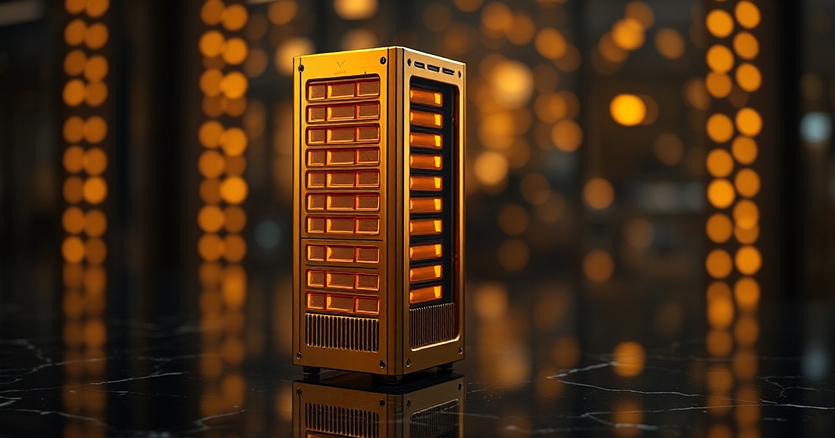 A single polished golden server rack tower with rows of glowing amber slots standing on a dark reflective black marble surface under dramatic warm gold rim light with soft glowing bokeh, symbolising the Wednesday July 1 2026 ThriveInMarkets evening review after Meta Platforms surged about 9 percent on plans to launch a cloud business and sell excess computing power, while the broader US market eased to start the third quarter with the S&P 500 down 0.22 percent to 7,483.23, the Nasdaq Composite down 0.66 percent to 26,040.03 as investors took profits in semiconductors, and the Dow Jones Industrial Average slipping 0.03 percent to 52,305.24 after touching an intraday record of 52,742.66, with Caterpillar down about 7 percent, Bitcoin reclaiming near 59,887 dollars, Ethereum near 1,618 dollars, gold easing to about 4,036 dollars and WTI crude holding near 70 dollars ahead of Thursday's pulled-forward June jobs report