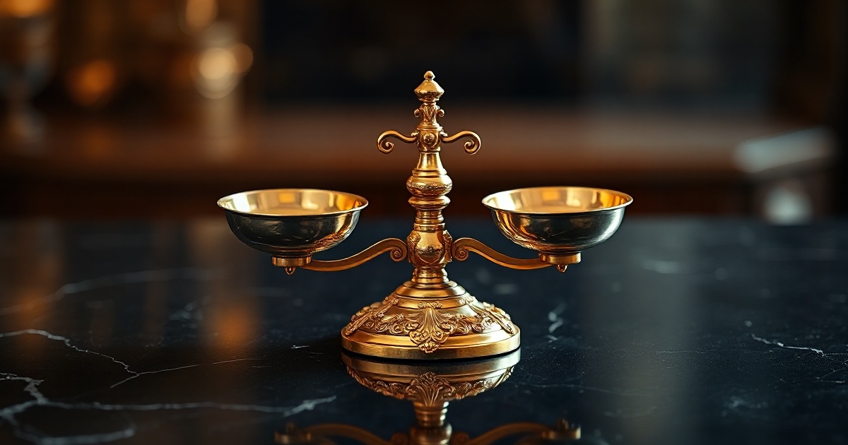An ornate golden balance scale with two shallow pans, one tilted higher than the other, standing on a dark reflective black marble surface under dramatic warm amber and gold rim light with soft glowing bokeh, symbolising the Thursday July 2 2026 ThriveInMarkets evening review after a surprisingly weak June jobs report split Wall Street into a sharp sector rotation, sending the Dow Jones Industrial Average up 1.14 percent to a record 52,900.07 while the Nasdaq Composite fell 0.80 percent to 25,832.67 and the S&P 500 closed essentially flat at 7,483.24, as the US economy added just 57,000 jobs versus about 115,000 expected and the unemployment rate ticked down to 4.2 percent, Tesla sank about 7.5 percent despite a delivery beat, semiconductors extended their slide with Micron down about 6 percent and Intel off 5.25 percent, Apple bucked the trend up 4.84 percent, Bitcoin reclaimed 61,364 dollars, Ethereum firmed near 1,700 dollars, gold rose toward 4,120 dollars and WTI crude fell below 68 dollars to near 67 dollars ahead of Friday's Independence Day market holiday