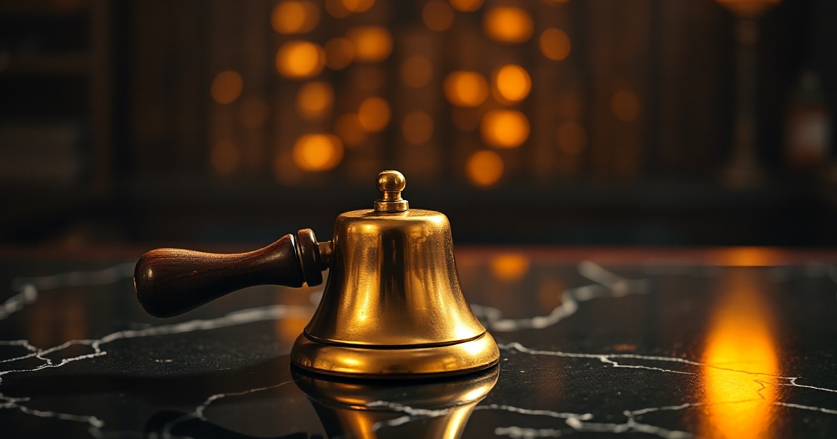 A polished brass ceremonial closing bell with a dark wooden handle resting on a dark reflective black marble trading desk under dramatic warm amber and gold rim light with soft glowing golden bokeh, symbolising the ThriveInMarkets evening review for Tuesday July 7 2026 after Wall Street slipped from Monday's records as the AI chip trade reversed, with the S&P 500 down 0.45 percent to 7,503.85, the Dow Jones Industrial Average falling 130.76 points or 0.25 percent to 52,925.15 back below 53,000, and the Nasdaq Composite down 1.16 percent to 25,818.69, as SpaceX shed more than 6 percent on its Nasdaq-100 inclusion day despite roughly 4.3 billion dollars of forced passive buying, Micron fell 4.7 percent and the semiconductor complex reversed even after Samsung reported record profit, WTI crude surged about 5.35 percent to 72.22 dollars after a tanker was struck near the Strait of Hormuz, gold eased near 4,109 dollars, and Bitcoin held near 63,691 dollars ahead of Wednesday's first FOMC minutes of the Kevin Warsh era