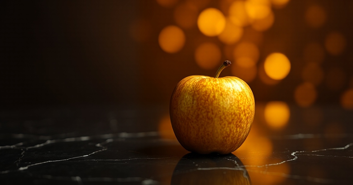 A single polished golden apple on a dark reflective black marble surface under dramatic warm amber and gold rim light with soft glowing golden bokeh, used in the ThriveInMarkets July 15 2026 evening review after Apple jumped about 4 percent to a record high near $327.50 on news it won approval to launch generative AI features in China