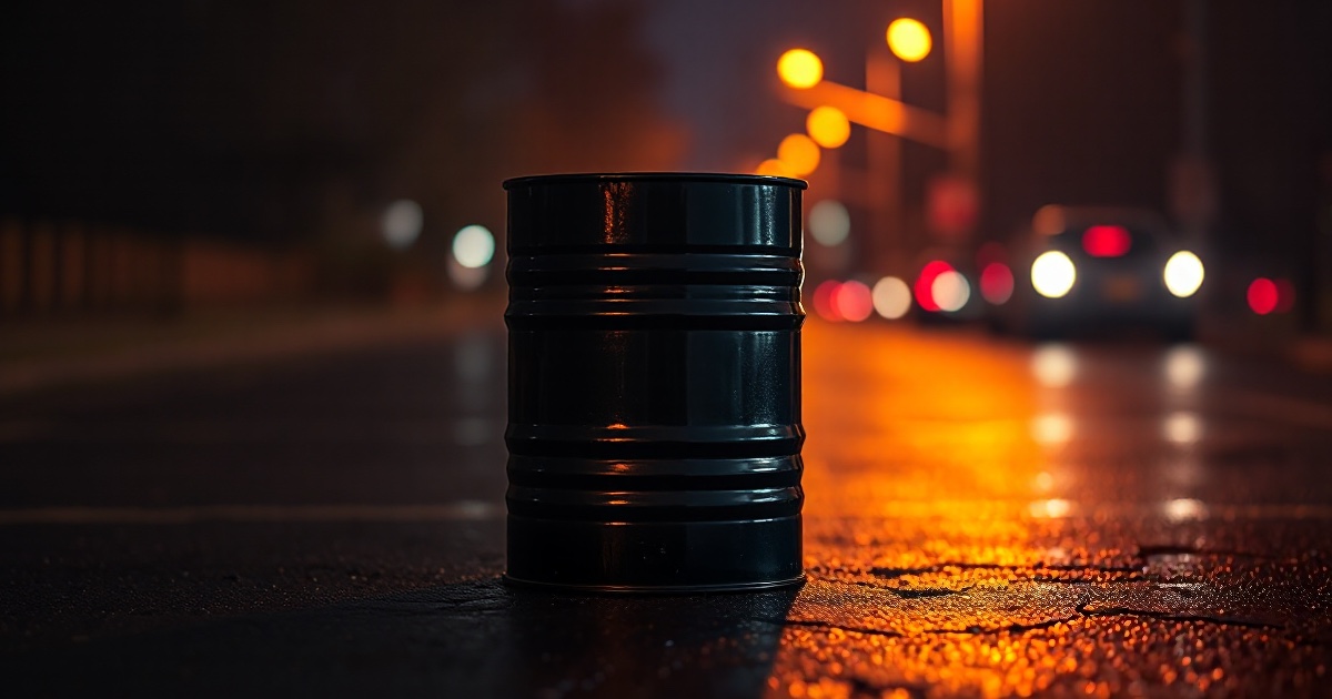 A single black steel oil barrel drum stands on wet dark asphalt at night with amber streetlights glowing as soft bokeh behind it, used in the ThriveInMarkets July 17 2026 evening review after WTI crude oil surged about 4 percent to $82 a barrel on the escalating US-Iran conflict and the effective closure of the Strait of Hormuz