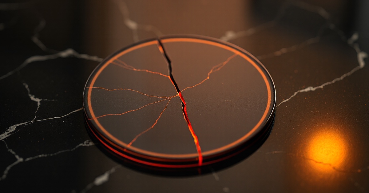 A cracked circular silicon semiconductor wafer disc with a glowing red fracture line runs across it on dark reflective black marble under amber rim light, used in the ThriveInMarkets evening review for Friday July 17 2026 after a deepening semiconductor selloff pushed the Philadelphia semiconductor index into bear-market territory and dragged the S&P 500 down 1.01 percent to close at 7,457.69, with the Nasdaq Composite off 1.40 percent to 25,520.24 and the Dow down 0.77 percent to 52,146.42, as Netflix fell about 7 percent, Intuitive Surgical sank more than 14 percent, WTI crude surged 4 percent to about $82 on the US-Iran conflict, Bitcoin eased to near $63,900, Ether slipped to $1,843 and gold held above $4,000 at $4,012