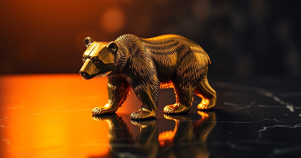 A polished golden metal grizzly bear standing on a dark reflective black marble surface under dramatic amber and orange rim light with soft glowing golden bokeh, symbolising the broad equity selloff on July 29 2026 after a divided Federal Reserve delivered a hawkish hold and Treasury yields jumped