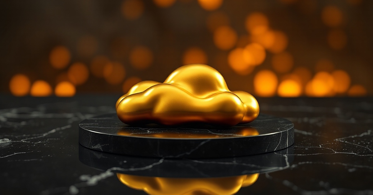 A single sculpted polished golden cloud shape resting on a dark reflective black marble plinth under dramatic amber and orange rim light with soft glowing golden bokeh behind it, symbolising the cloud-computing strength that drove markets on July 30 2026 as Microsoft's Azure topped 100 billion dollars in annual revenue and Amazon Web Services grew 36.7 percent, its fastest pace in 18 quarters