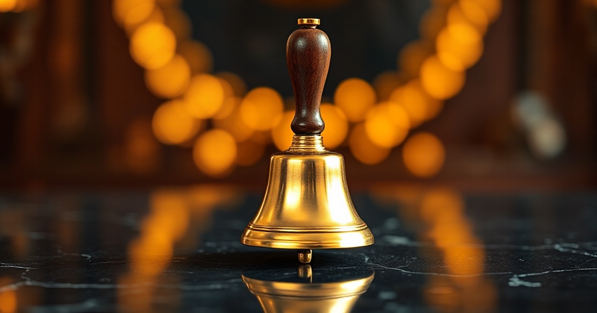 A single polished golden ringing hand bell with a dark wooden handle, the closing bell, standing upright on a dark reflective black marble surface under dramatic warm amber and gold rim light with soft glowing golden bokeh behind it, used in the ThriveInMarkets evening review for Monday August 3 2026, the day the Dow Jones Industrial Average closed at a record high of 53,178 and the S&P 500 topped 7,600 for the first time as West Texas Intermediate crude crashed about 6 percent to near 79.60 dollars after President Trump called off a planned strike on Iran and said negotiations would resume, with the Nasdaq Composite leading the major indexes higher, Amazon gaining nearly 5 percent, Atkore surging 28 percent on a takeover bid, Bitcoin joining the risk rally near 63,850 dollars, Ether near 1,873 dollars and gold easing to near 4,052 dollars ahead of Palantir earnings after the bell