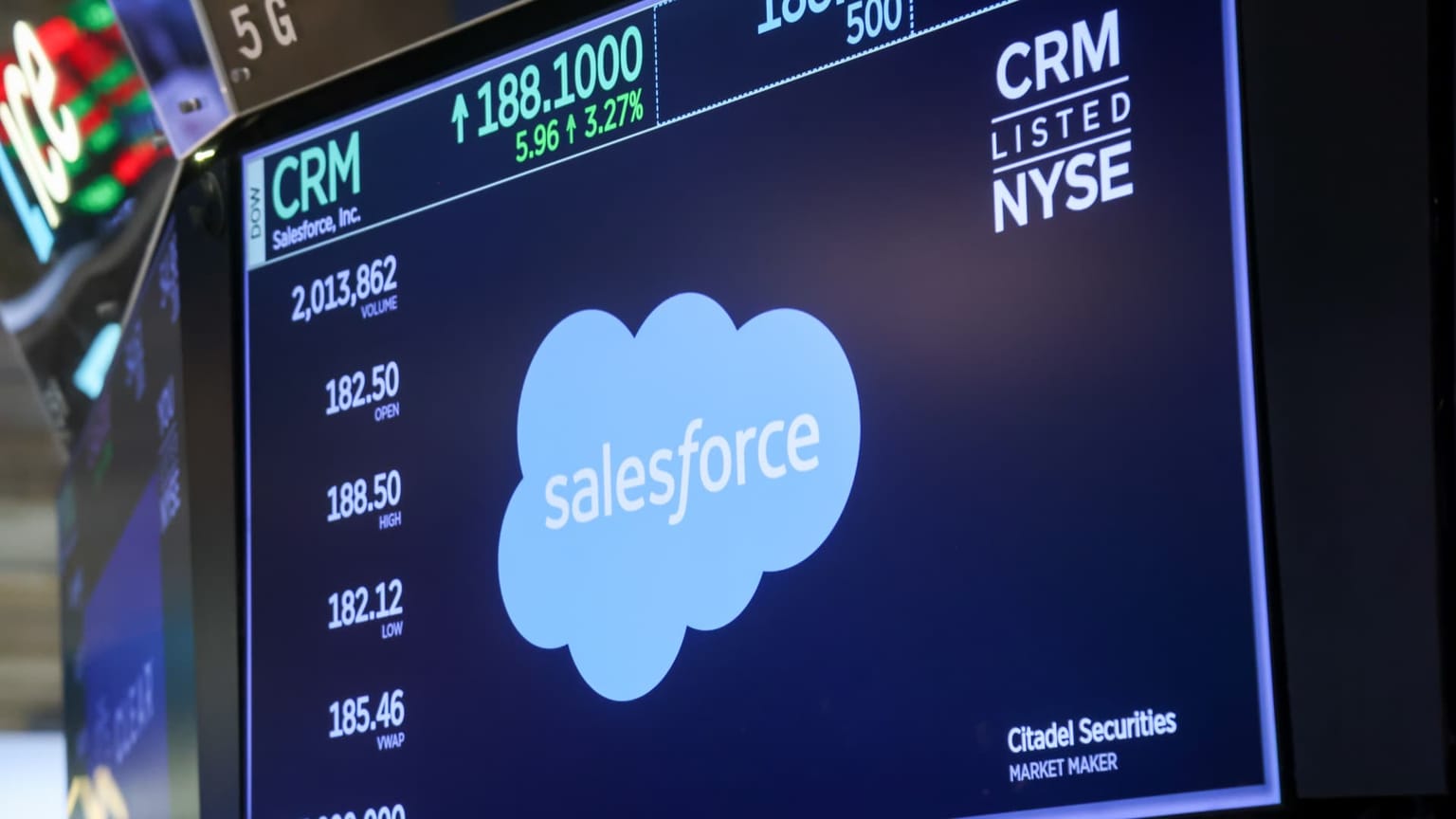 A New York Stock Exchange ticker board for Salesforce showing the CRM cloud logo, NYSE listing and live quotes, used as the ThriveInMarkets evening-review hero for Thursday August 27 2026, when Salesforce closed at 252.05 dollars, up 22.58 percent, after a 5.90 dollar adjusted EPS beat and a 2.6 billion dollar Anthropic mark-to-market gain, as Nvidia jumped about 9 percent to near 228 dollars and the Nasdaq Composite rallied 1.6 percent to 26,541.35 on a thin S&P tape that closed 7,730.99