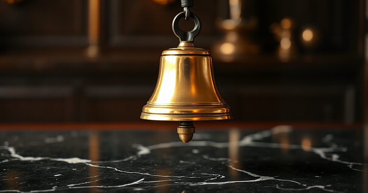 A polished brass ship's bell hangs above dark veined marble under warm amber light, used as the ThriveInMarkets evening-review hero for Thursday October 1 2026, when the S&P 500 closed 7,666.45 up 0.19 percent, snapping a three-day losing streak as Accenture jumped 15.8 percent and ISM manufacturing printed 54.5