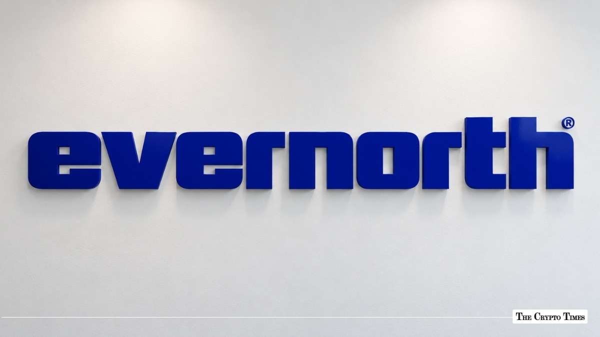 Evernorth corporate logo on a white wall, used as the ThriveInMarkets evening-review inline image for Monday October 12 2026, when Ripple-backed Evernorth began Nasdaq trading as XRPN, opened at 16.68 dollars, tagged 19.39, and closed 16.91 dollars with about 473 million XRP in treasury