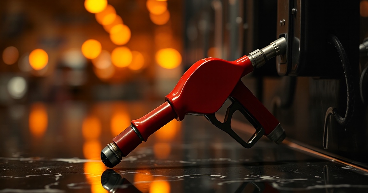 A red gasoline pump nozzle hanging on a dark reflective marble surface under amber light, used as the ThriveInMarkets evening-review inline image for Wednesday October 14 2026, when September CPI printed 3.7 percent year over year and gasoline jumped 9.1 percent on the month