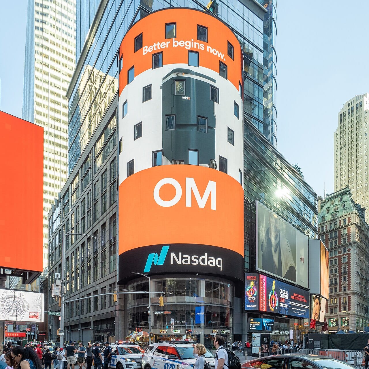 The Nasdaq MarketSite tower in Times Square, evening review for Oct 20 2026