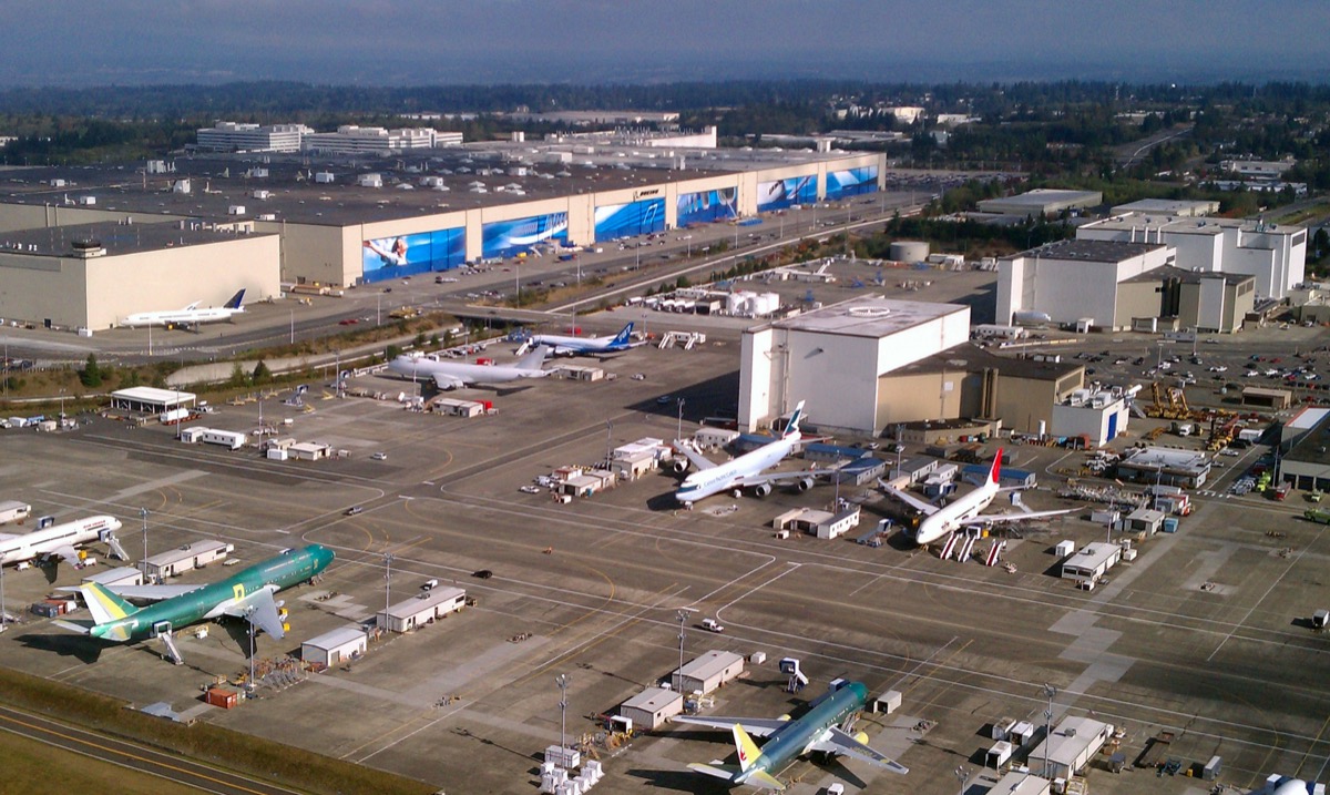 Aerial view of Boeing's Everett factory in Washington, evening review for Oct 27 2026