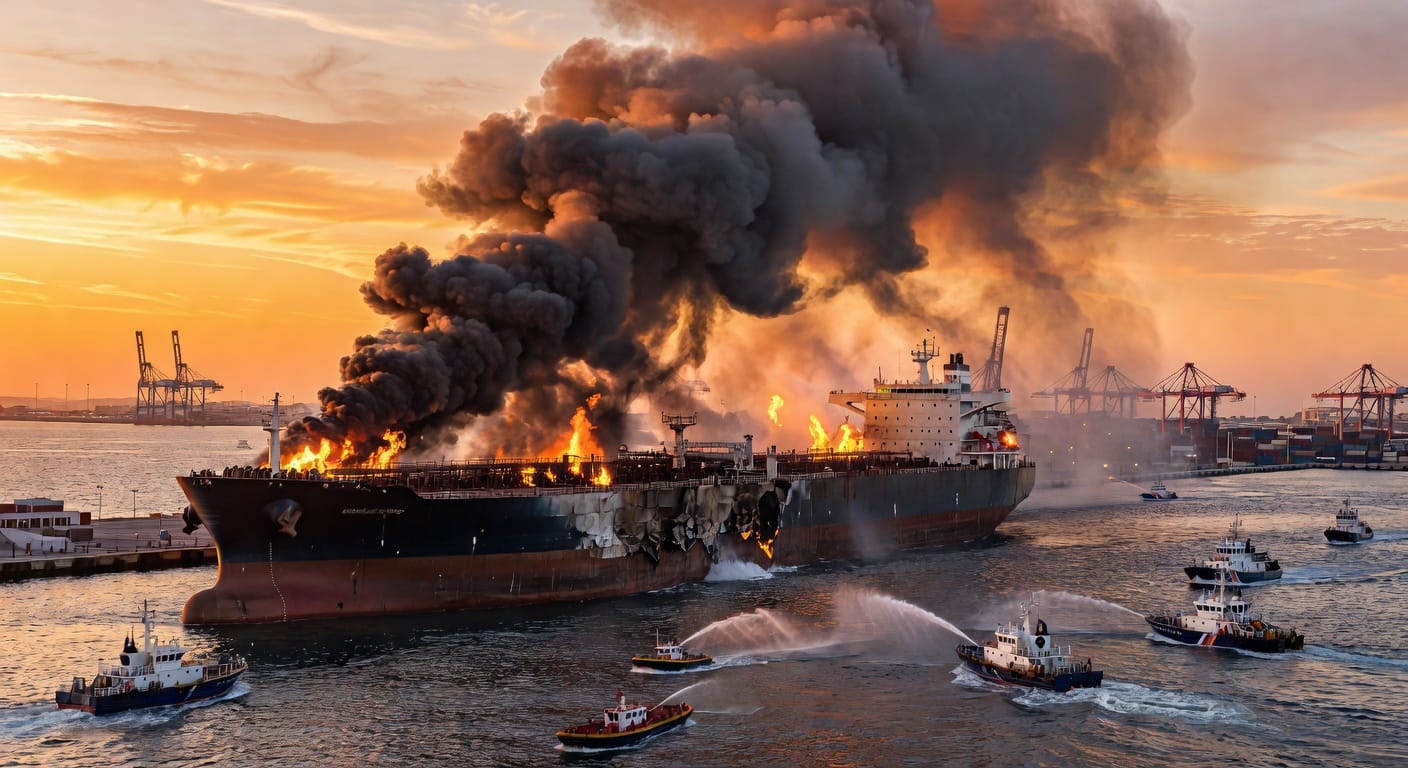 Kuwaiti oil supertanker on fire at Dubai port after Iranian drone strike, black smoke rising over the Gulf