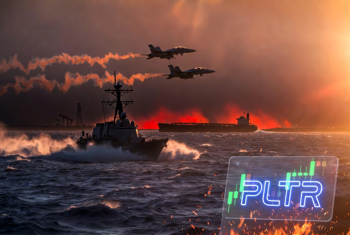 US Navy guided-missile destroyer escorting an oil tanker through the Strait of Hormuz with F/A-18 fighters overhead and a Palantir holographic ticker, ThriveInMarkets Project Freedom daily morning analysis May 4 2026