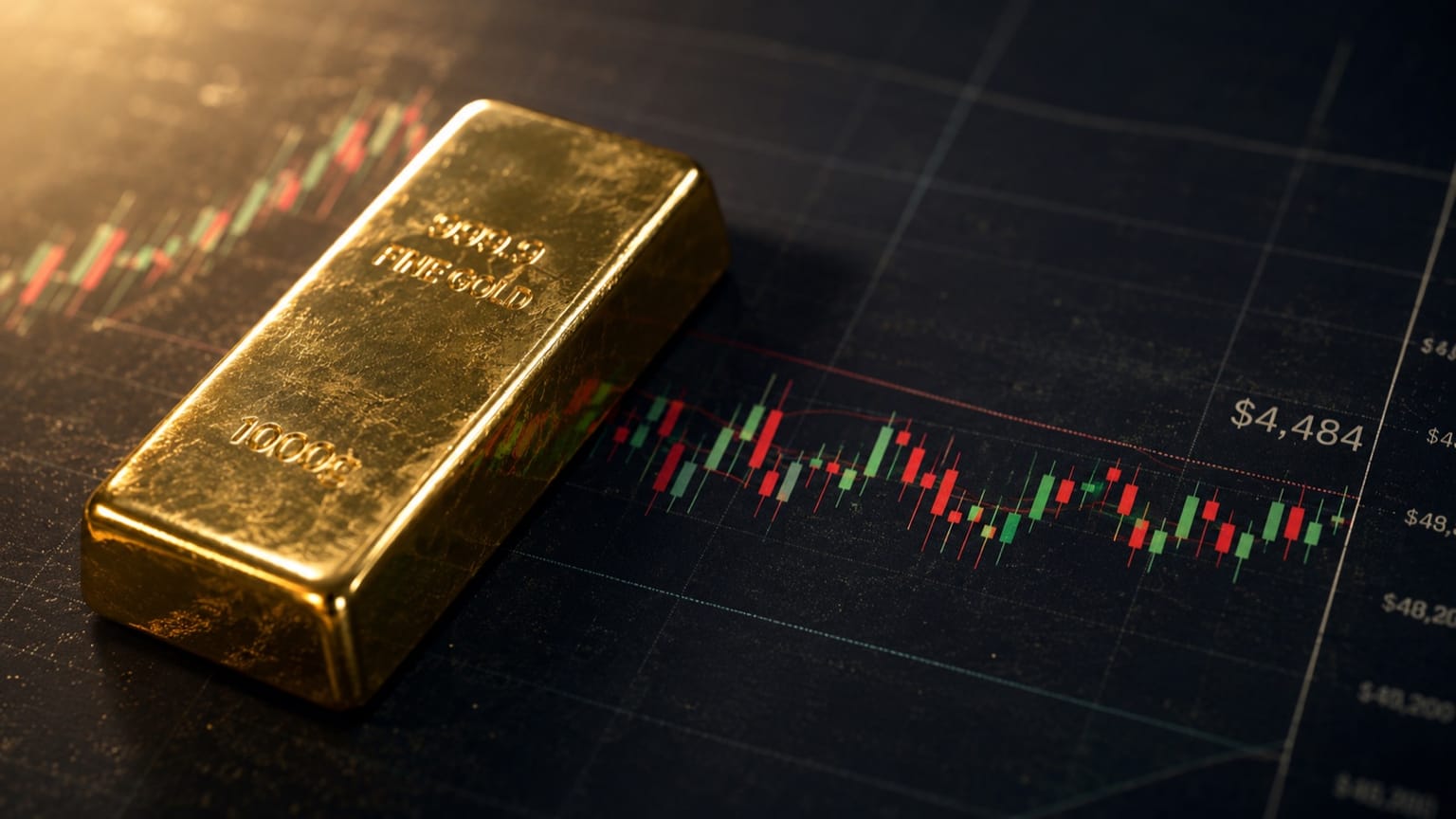 Close-up photograph of a gold bullion bar resting on a price chart illustrating Wednesday May 27 2026 commodity markets as XAU/USD spot trades near $4,484 per ounce after Monday's session high near $4,580 with the metal consolidating in the $4,480 to $4,540 range as the Hormuz war risk premium partially unwinds following the US-Iran 60-day Strait reopening framework outlined over Memorial Day weekend, the disinflation impulse from a lower oil tape trims the December FOMC tightening tail under new hawkish Chair Kevin Warsh sworn in May 23, the dollar index leaks on the energy-led softening of the US current account, and the 10-year Treasury yield consolidates in the 4.55 to 4.60 percent corridor as traders position into Friday's April PCE print expected to confirm the sticky 3.8 percent April CPI read