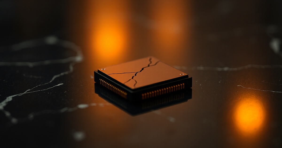 A single polished silicon semiconductor microchip with a fine crack across its surface rests on a dark reflective black marble surface under dramatic warm amber and gold rim light with soft glowing bokeh, illustrating the June 24 2026 ThriveInMarkets morning analysis as a global rout in technology and semiconductor stocks deepened, with the VanEck Semiconductor ETF sliding about 7 percent, Micron sinking roughly 11.4 percent, Taiwan Semiconductor falling about 5.2 percent and South Korea's chip-heavy KOSPI dropping near double digits, dragging the Nasdaq Composite down 2.21 percent to 25,587.04 and the S&P 500 down 1.44 percent to 7,365.46 on June 23 as investors questioned whether massive AI infrastructure spending will deliver the expected returns, while a Bank of America rate-hike note and a 10-year Treasury yield near 4.48 percent kept pressure on the longest-duration growth names ahead of this week's PCE inflation report, Bitcoin held roughly flat near 62,700 dollars, Ethereum eased toward 1,670 dollars, spot gold slipped to about 4,086 dollars and WTI crude fell near 73 dollars at a three-month low on US-Iran peace progress
