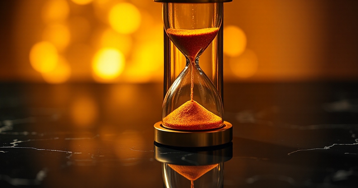 A golden hourglass with glowing amber sand running through it standing on a dark reflective black marble surface under warm amber and gold rim light with soft golden bokeh, symbolising the ThriveInMarkets morning analysis for Wednesday July 8 2026 as markets wait on the first FOMC minutes of the Kevin Warsh era due at 18:00 UTC, the committee's only on-record read on whether a September rate hike is coming after Warsh declined to submit his own projection and the June dot plot split nine hikes, eight holds and one cut, with S&P 500 E-mini futures near 7,544 little changed after the cash index slipped 0.45 percent on Tuesday to 7,503.85, an AI chip selloff spreading from Asia after a report that China's DeepSeek is building its own inference chip and Samsung fell nearly 7 percent in Seoul, WTI crude holding near 72.10 dollars on a Strait of Hormuz risk premium, Bitcoin near 62,838 dollars, Ethereum near 1,753 dollars and gold steady near 4,116 dollars