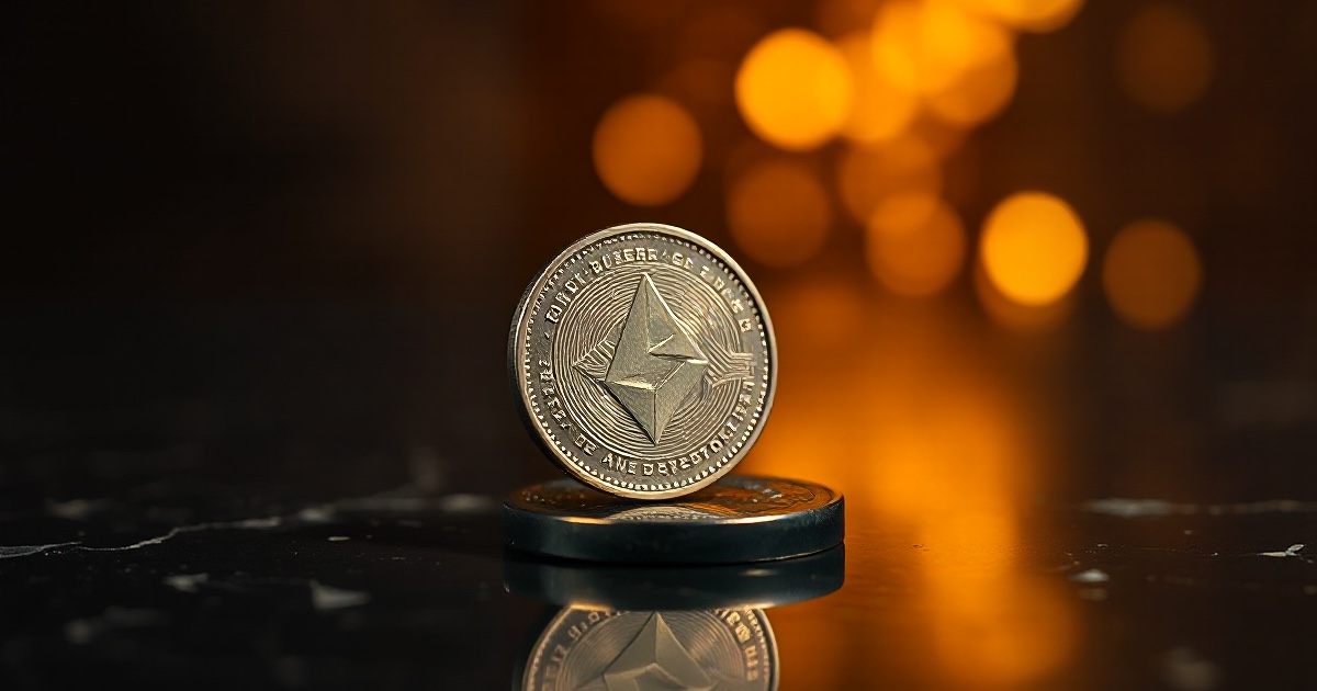 A polished silver Ethereum coin standing on a dark reflective marble surface under warm amber rim light with soft golden bokeh, used in the ThriveInMarkets July 15 2026 morning analysis after Ether jumped about 6 percent to $1,868 while Bitcoin held near $64,600 following a cool June CPI print