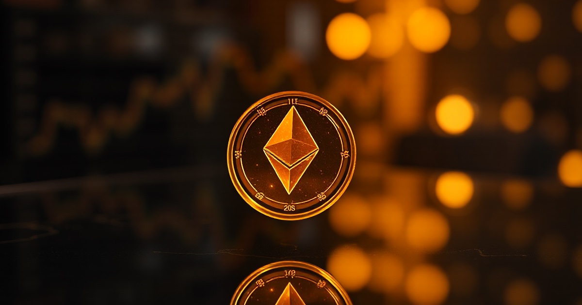 A glowing amber Ethereum coin hovering above a dark reflective glass surface with a faint price chart and soft golden bokeh in the background, used in the ThriveInMarkets July 16 2026 morning analysis after Ether rose about 2 percent to $1,907 while Bitcoin held near $64,500