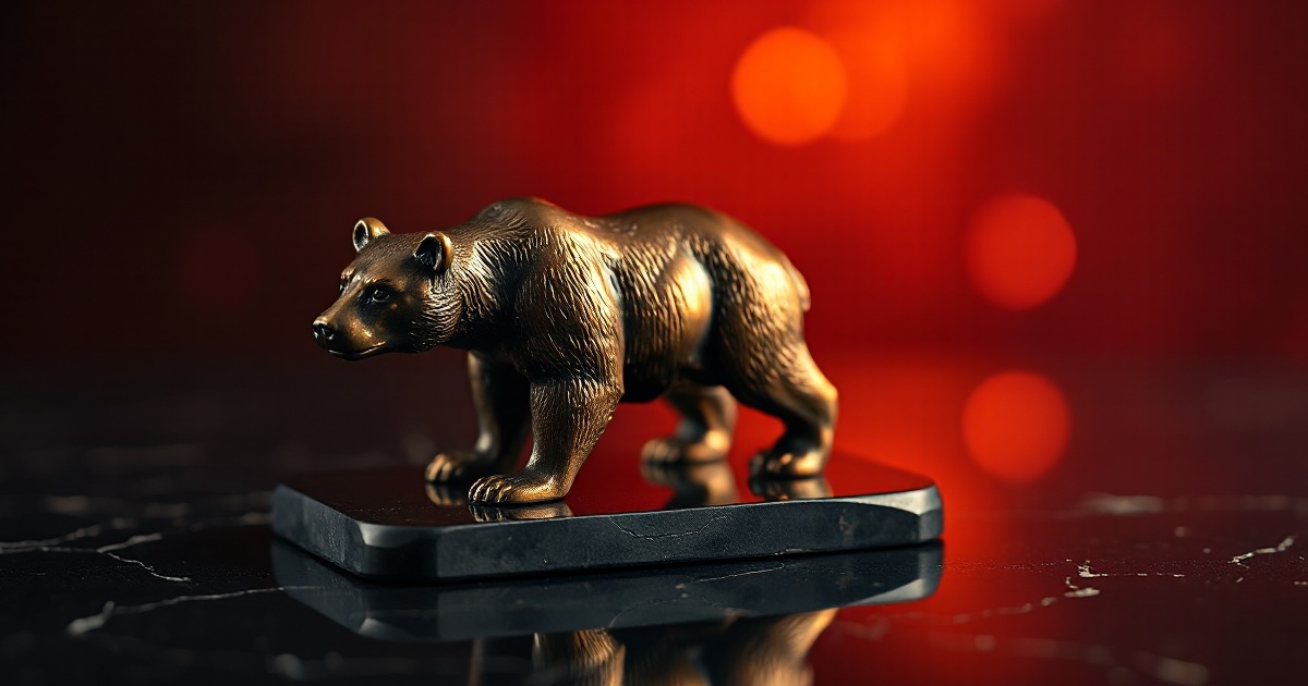 A polished bronze bear figurine stands on dark reflective black marble under deep red and amber rim light with soft glowing bokeh behind it, used in the ThriveInMarkets July 17 2026 morning analysis after a risk-off session sent the S&P 500 down 0.51 percent, Ether lower by 1.6 percent to $1,827 and Bitcoin off about 0.8 percent to near $64,500