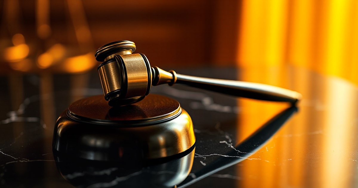 A polished brass judge's gavel resting on its sound block on a dark reflective black marble surface under dramatic amber and orange rim light with soft glowing golden bokeh, symbolising the live Federal Reserve rate decision due Wednesday July 29 2026 at the center of the trading week