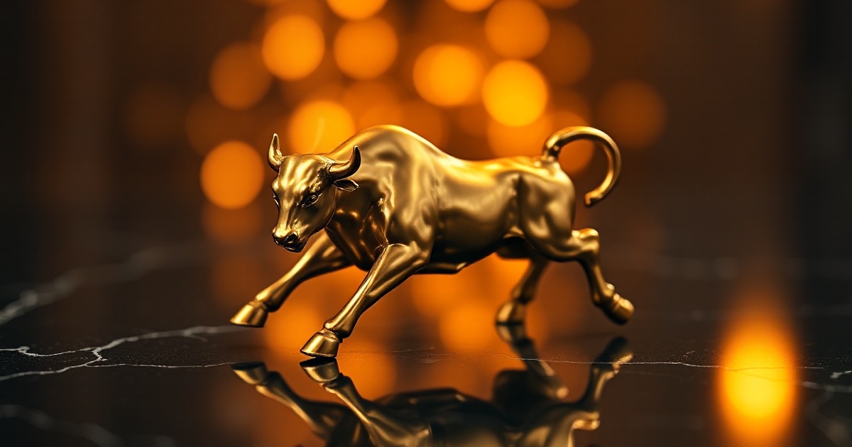 A polished golden charging bull figurine mid-stride on a dark reflective black marble surface under dramatic amber and orange rim light with soft glowing golden bokeh behind it, used in the ThriveInMarkets morning analysis for Monday July 27 2026, the morning a pause in almost two weeks of US strikes against Iran sent WTI crude gapping about 8 percent lower toward 83.50 dollars and Brent below 90 dollars, triggering a relief rally that lifted S&P 500 futures about 0.8 percent and Nasdaq 100 futures about 1.3 percent after Friday's cash close of 7,411.98, while gold held near 4,100 dollars, Bitcoin traded around 65,300 dollars and Ether near 1,882 dollars, all into the most consequential week of the quarter headlined by a live Federal Reserve decision on Wednesday July 29 and earnings from Microsoft, Meta, Apple and Amazon