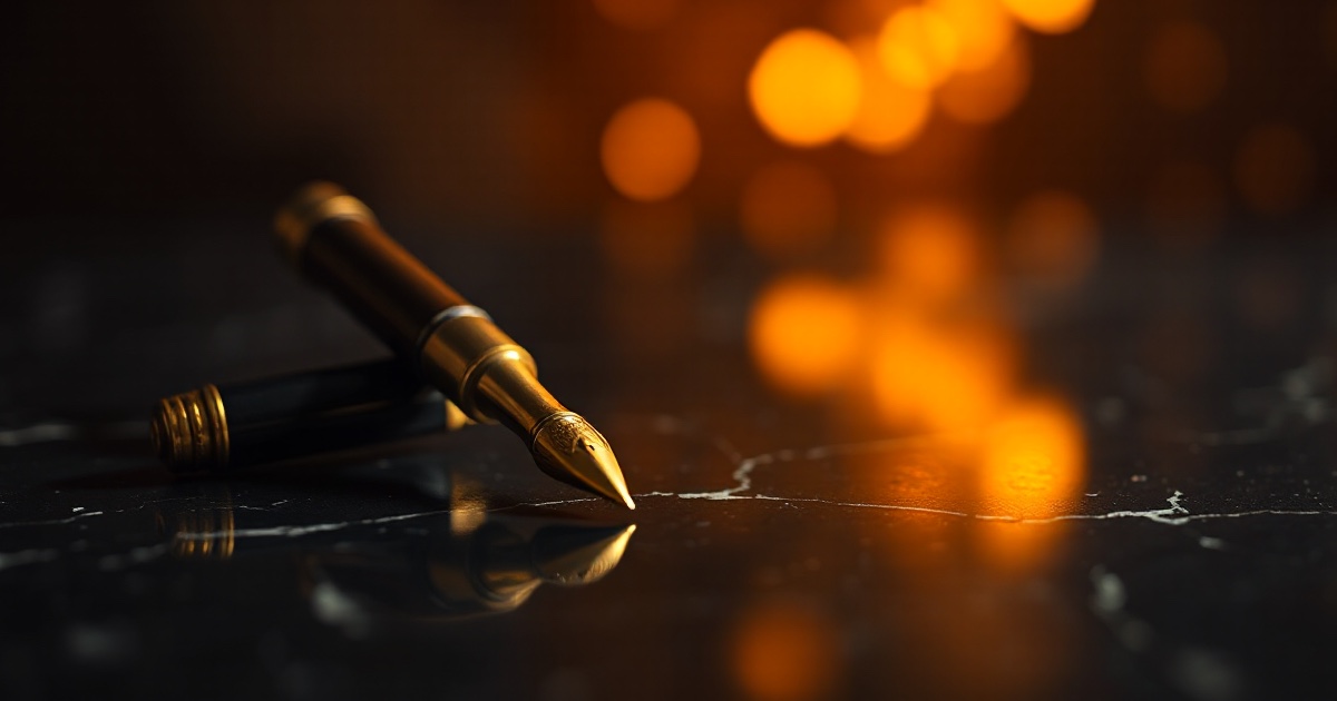 A vintage brass fountain pen resting on a dark reflective black marble surface under dramatic amber and orange rim light with soft glowing golden bokeh, symbolising the wall of mega-cap earnings reports led by Meta after Tuesday's close on July 28 2026
