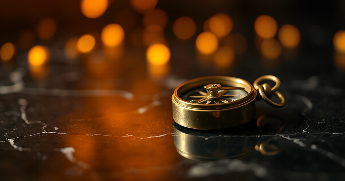 A polished antique brass compass with an ornate needle resting on a dark reflective black marble surface under dramatic amber and orange rim light with soft glowing golden bokeh behind it, used in the ThriveInMarkets morning analysis for Tuesday July 28 2026, the day the Federal Open Market Committee opened its two-day meeting ahead of a decision on Wednesday July 29, a deepening semiconductor selloff led by Nvidia's roughly 5 percent drop on a 500 billion dollar SK Hynix AI memory supply deal left Wall Street mixed after Monday's cash close of 7,413.18 on the S&P 500, while WTI crude kept sliding toward the mid 80s dollars on US-Iran de-escalation, gold held near 4,055 dollars, Bitcoin traded around 63,500 dollars and Ether near 1,884 dollars, with Meta set to headline earnings after Tuesday's close