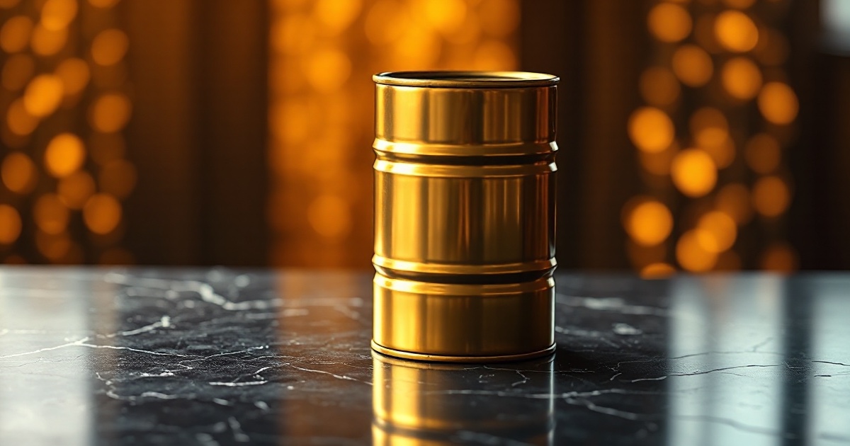 A single upright golden metal oil barrel drum standing on a dark reflective black marble surface under dramatic amber and orange rim light with soft glowing golden bokeh, symbolising WTI crude jumping roughly 5 percent back above 83 dollars on July 29 2026 after Iran's intercepted missile attack reintroduced Strait of Hormuz supply risk hours before the Federal Reserve's decision