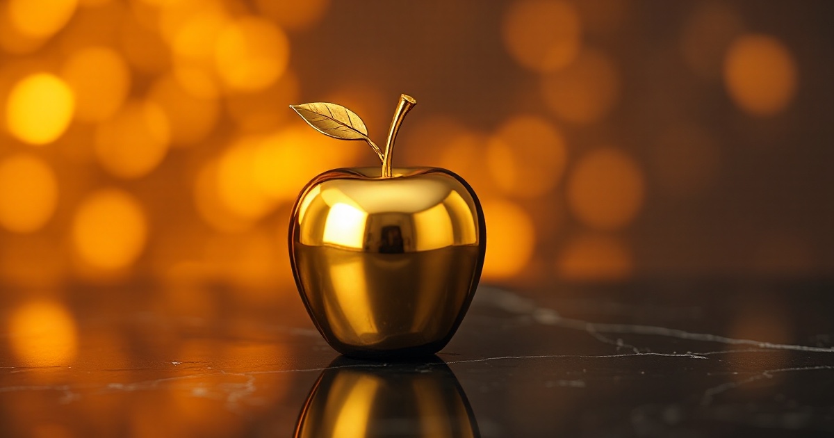 A single polished golden metal apple fruit with a stem and leaf resting on a dark reflective black marble surface under dramatic amber and orange rim light with soft glowing golden bokeh behind it, symbolising Apple's fiscal earnings report due after Thursday July 30 2026 close alongside Amazon, the last Magnificent Seven names of the season