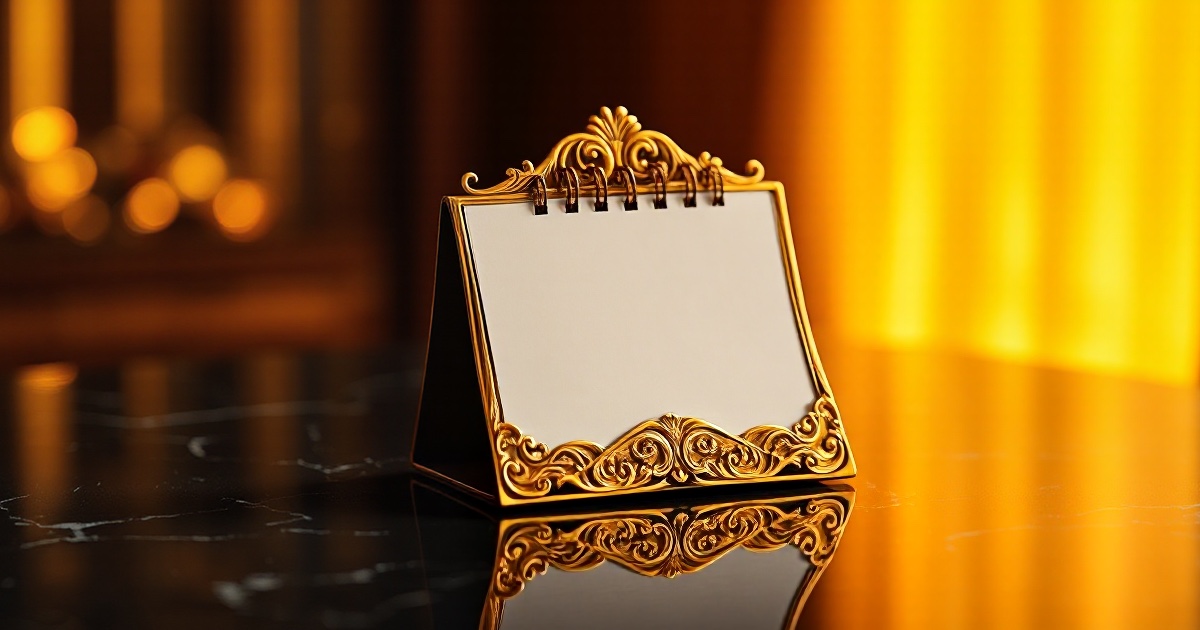 A single ornate polished golden desk flip calendar with a blank page standing upright on a dark reflective black marble surface under dramatic amber and orange rim light with soft glowing golden bokeh behind it, symbolising the data-heavy month-end Friday July 31 2026 that brings the second-quarter Employment Cost Index, the ADP national employment report and final University of Michigan consumer sentiment as July trading closes