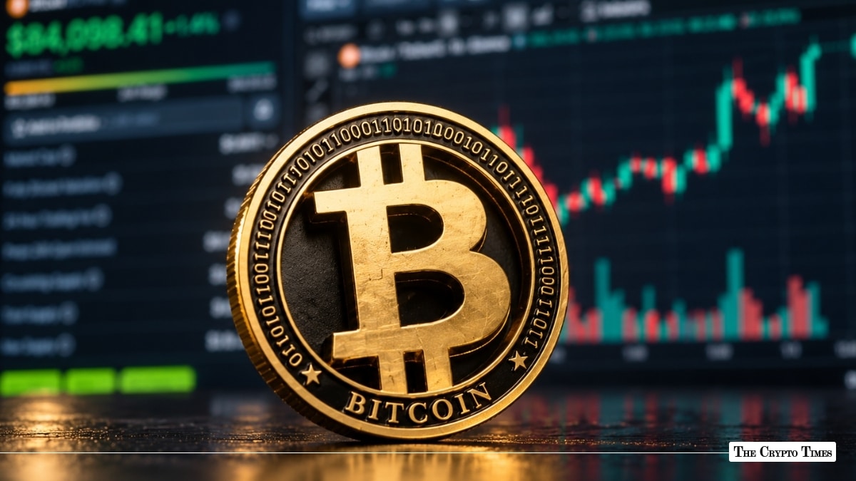 Physical Bitcoin coin in front of a price chart near 84,000 dollars, used as the ThriveInMarkets morning analysis inline image for Monday October 12 2026, when Bitcoin last printed about 84,032 dollars and Ripple-backed Evernorth listed as XRPN on Nasdaq