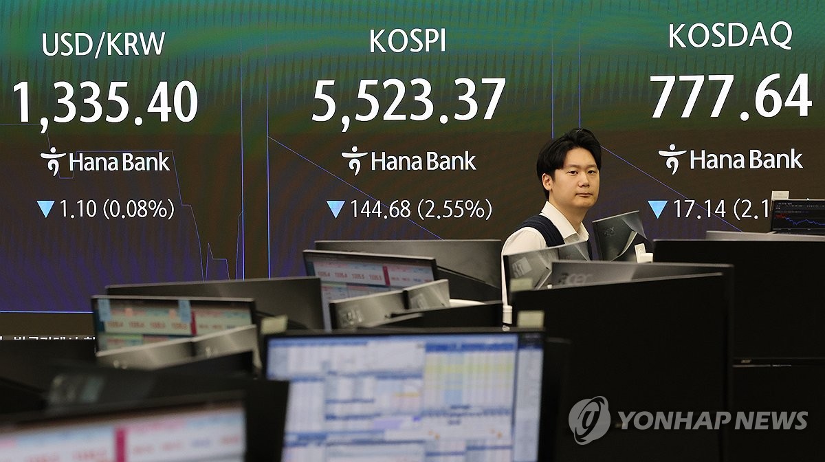 A Hana Bank dealer stands in front of a Seoul dealing-room board showing the Kospi at 5,523.37 after the open, used as the ThriveInMarkets morning analysis hero for Monday October 19 2026, when South Korea's Kospi closed 5,768.01 up 1.76 percent after opening 5,488.41 and China Q3 GDP printed 4.5 percent year over year