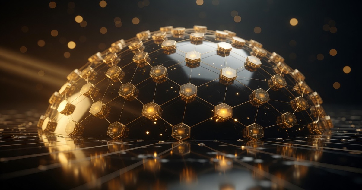 A luminous golden geodesic dome of interconnected hexagonal network nodes floating above a dark reflective obsidian surface, with thin amber light threads linking each validator point, dramatic warm gold rim lighting and soft bokeh, illustrating the ThriveInMarkets guide to Nakamoto Coefficient blockchain decentralization rankings on Chainspect as of July 7 2026 with TON leading at 79 and Internet Computer ICP ranking seventh at 14