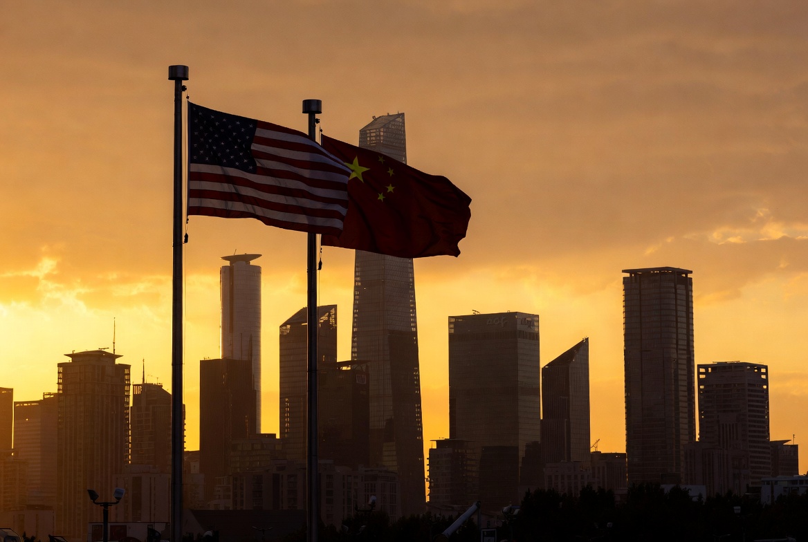 Cinematic dawn view of Beijing's central business district with the silhouettes of US and Chinese flags side by side against a warm sunrise sky, representing the May 14-15 2026 Trump-Xi summit and the trade, rare-earth and AI export-control agenda traders are watching, ThriveInMarkets analysis