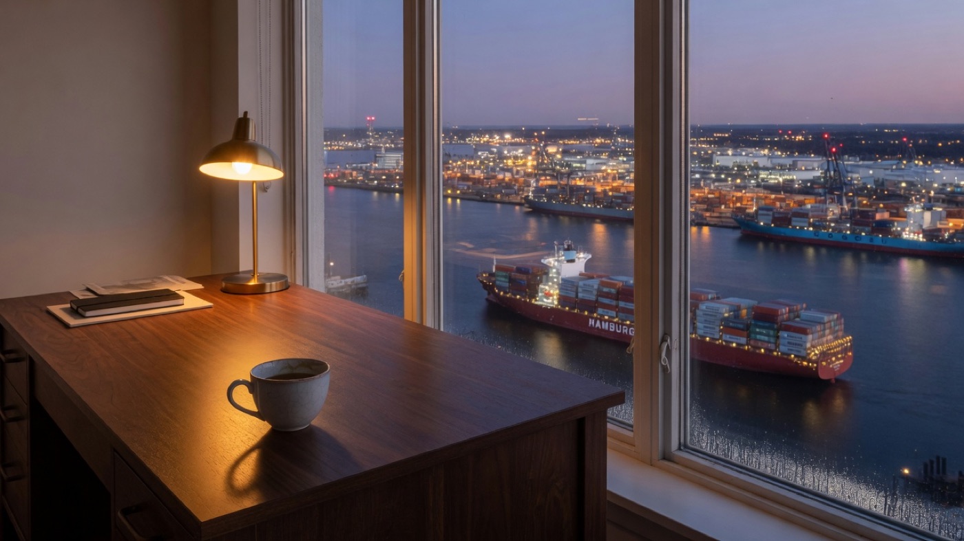A dusk desk looking over a working harbor and container ships, an original ThriveInMarkets illustration for the Vanguard FTSE All-World ex-US ETF, ticker VEU, which owns companies listed outside the United States