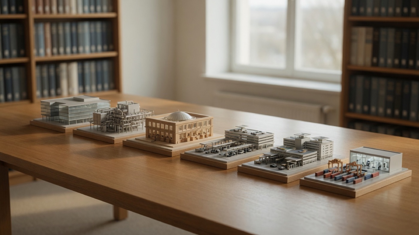 Small architectural models of a factory, a bank, a plant, and a freight terminal lined up on one oak table, an original illustration of the many businesses inside one ex-US index fund