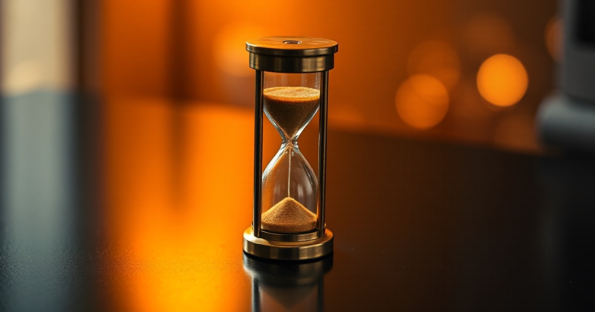 A brass hourglass filled with glowing amber sand on a dark reflective black desk under warm amber rim light with soft golden bokeh behind it, used in the ThriveInMarkets week-ahead preview for July 20 to 24 2026 as the clock counts down to Wednesday's Alphabet and Tesla earnings and Thursday's European Central Bank rate decision