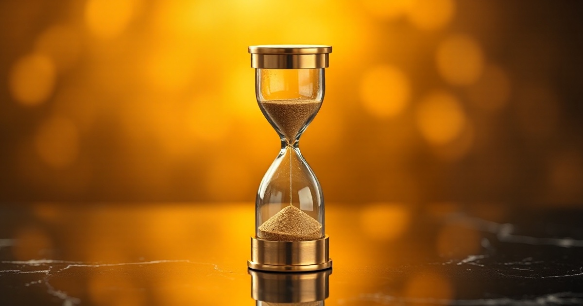 A single polished brass hourglass with golden sand falling standing on a dark reflective black marble surface under warm amber and gold rim light with glowing golden bokeh behind it, symbolising the ThriveInMarkets week ahead preview for August 10 to 14 2026, an inflation-heavy trading week in which the US July Consumer Price Index lands on Wednesday August 12 at 12:30 UTC with consensus near plus 0.2 percent on the month for core and a headline around 2.9 percent year over year, followed by July Producer Prices and weekly jobless claims on Thursday and July retail sales plus the preliminary University of Michigan consumer sentiment survey on Friday, all read against a backdrop where the prior week's July non-farm payrolls report shockingly showed the US economy lost 23,000 jobs and revived Federal Reserve rate-cut bets ahead of the September 15 to 16 meeting, while a wave of artificial intelligence earnings from CoreWeave on Tuesday, Cisco on Wednesday and Applied Materials on Thursday tests the record-setting rally, the S&P 500 having closed Friday at a record 7,757.64 and Bitcoin holding near 65,000 dollars