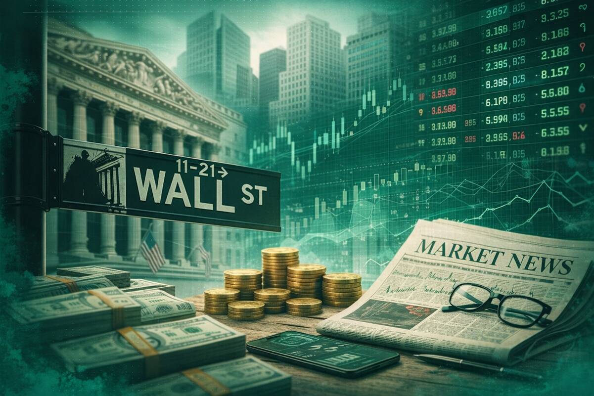 A Wall Street composite of the NYSE facade, a Wall St sign, stacked coins, a Market News newspaper and overlay stock charts, used as the ThriveInMarkets week-ahead hero for August 31 to September 4 2026, when Friday's August payrolls, Wednesday's Broadcom print, Tuesday ISM and euro-area CPI, and two G10 rate decisions headline the last week before the Fed communications blackout