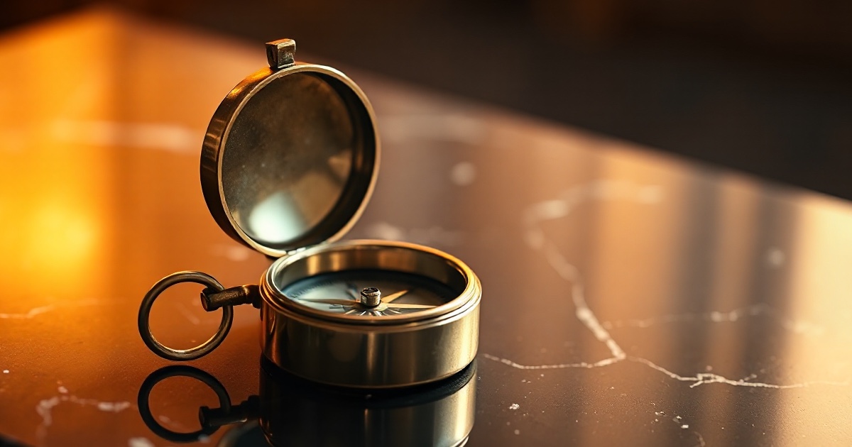 A polished antique brass nautical compass with an open lid resting on a dark reflective black marble surface under warm amber and orange rim light, symbolising markets searching for direction into a pivotal Federal Reserve week and a wave of mega-cap earnings