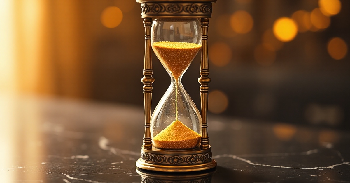 A large ornate antique brass hourglass filled with glowing golden sand mid-flow standing on a dark reflective black marble surface under warm amber and orange rim light with soft glowing golden bokeh behind it, used in the ThriveInMarkets weekend recap for the trading week of Monday July 20 to Sunday July 26 2026, the week fears over ballooning artificial-intelligence capital spending wiped roughly 797 billion dollars off the Magnificent Seven in a single session on Thursday July 23 as Tesla fell about 14 percent on a second-quarter miss and Alphabet dropped about 7 percent after lifting full-year capex guidance to 195 to 205 billion dollars, while Brent crude spiked above 100 dollars midweek on a widening US-Iran conflict before retreating about 4 percent on Friday to near 96 dollars on reports that Pakistan and China were seeking to revive US-Iran negotiations, gold eased to around 4,050 dollars, Bitcoin touched a two-week high above 66,000 dollars on CLARITY Act progress before cooling to about 64,340 dollars by Sunday, and Wall Street closed lower on the week with the S&P 500 finishing Friday at 7,411.98, all counting down to a live Federal Reserve decision on July 29 and earnings from Microsoft, Meta, Apple and Amazon