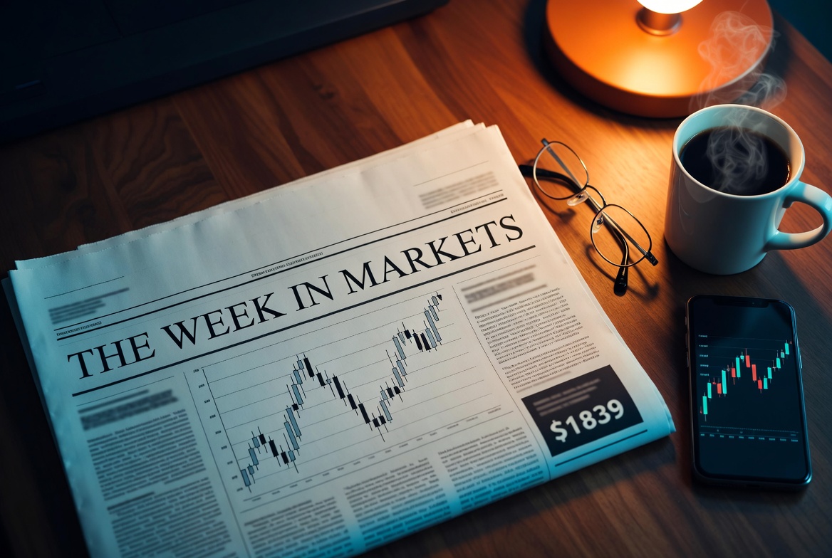 Newspaper front page headlined 'The Week in Markets' on a wooden trader's desk with a coffee cup, reading glasses, and a smartphone showing a candlestick chart - ThriveInMarkets weekly roundup April 26 to May 2 2026