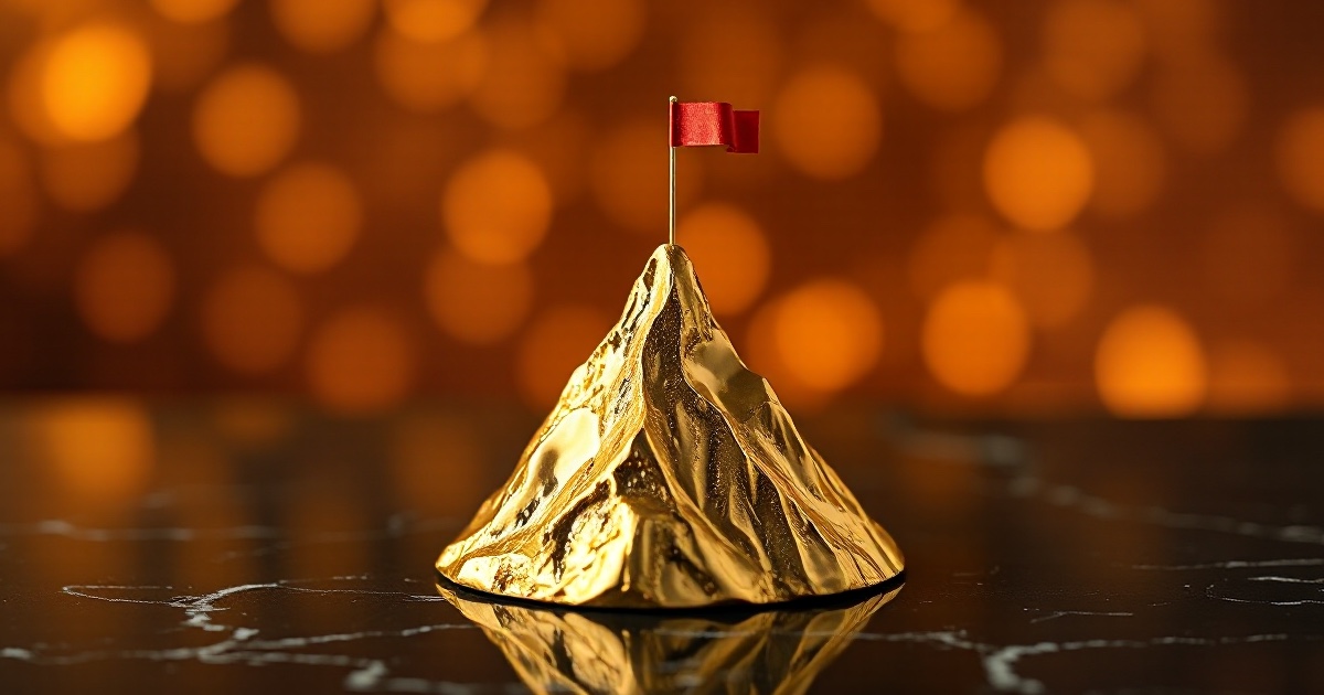 A single polished golden mountain summit peak with a tiny triumphant red flag planted at the very top, standing on a dark reflective black marble surface under dramatic amber and orange rim light with soft glowing golden bokeh behind it, used in the ThriveInMarkets weekly markets roundup for the trading week of Sunday July 26 to Saturday August 1 2026, the week a divided Federal Reserve held its benchmark rate at 3.50 to 3.75 percent on Wednesday July 29 with three officials dissenting in favour of a hike and sending the Dow down 1,153 points, before Microsoft surged about 15.5 percent on Thursday July 30 for its biggest one-day gain since 2008 as Azure cloud revenue topped 100 billion dollars annually and Amazon jumped about 15 percent on Friday July 31 on record Amazon Web Services growth while Apple sank about 9 percent on China worries, lifting the S&P 500 to a record 7,489.72 close even as the 10-year Treasury yield spiked to about 4.74 percent, with Morgan Stanley listing Ether and Solana exchange-traded products, Bitcoin holding near 63,000 dollars after a 9.6 billion dollar options expiry, Ether near 1,866 dollars, XRP near 1.06 dollars and Solana near 73 dollars
