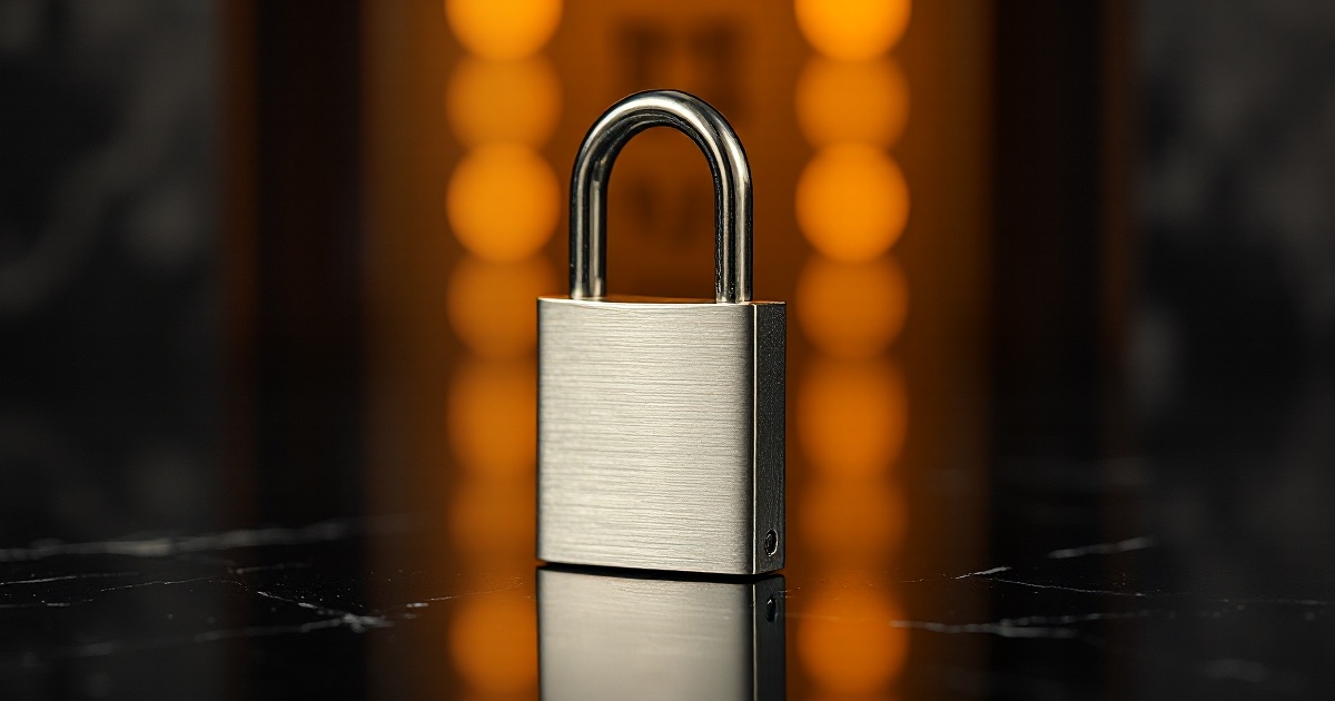 A closed brushed-steel padlock on a dark reflective surface under warm amber light, illustrating computer and device security for crypto beginners