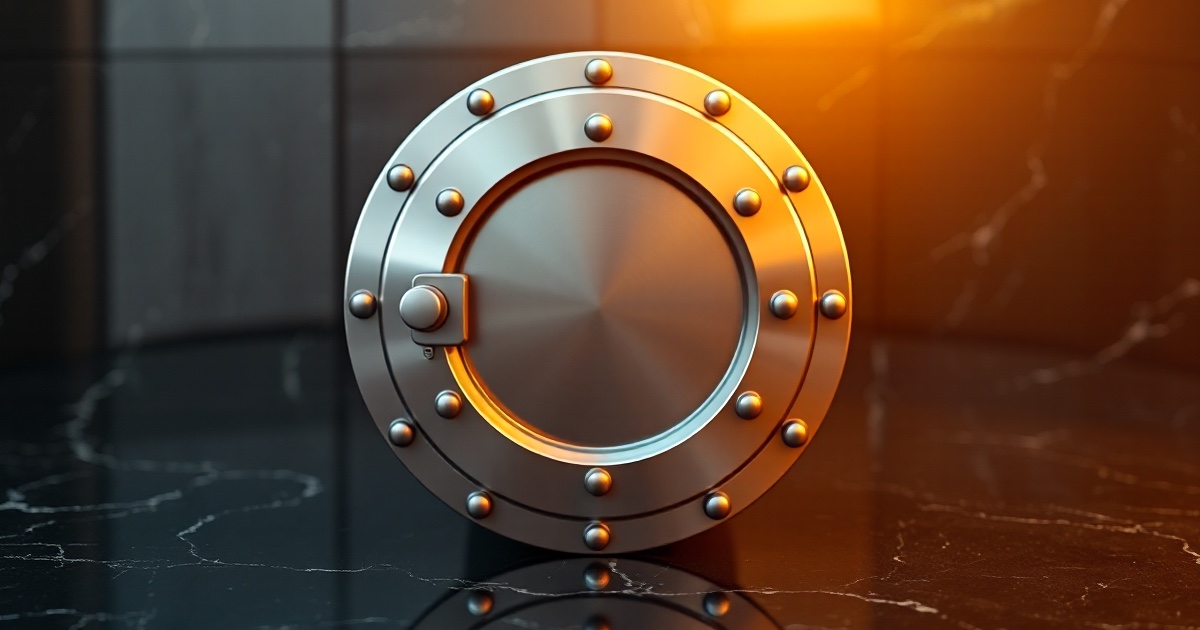 A heavy circular steel bank vault door under warm amber light, illustrating crypto exchange security
