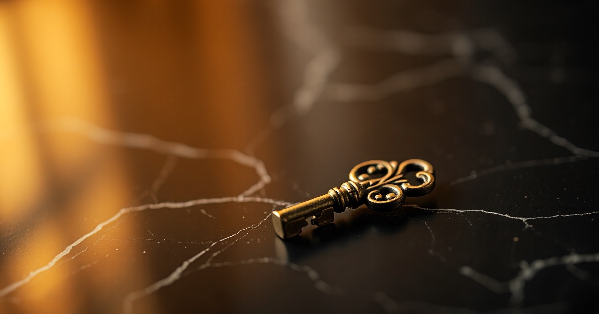 An ornate brass key on dark reflective marble under warm amber light, illustrating self-custody and crypto wallet security